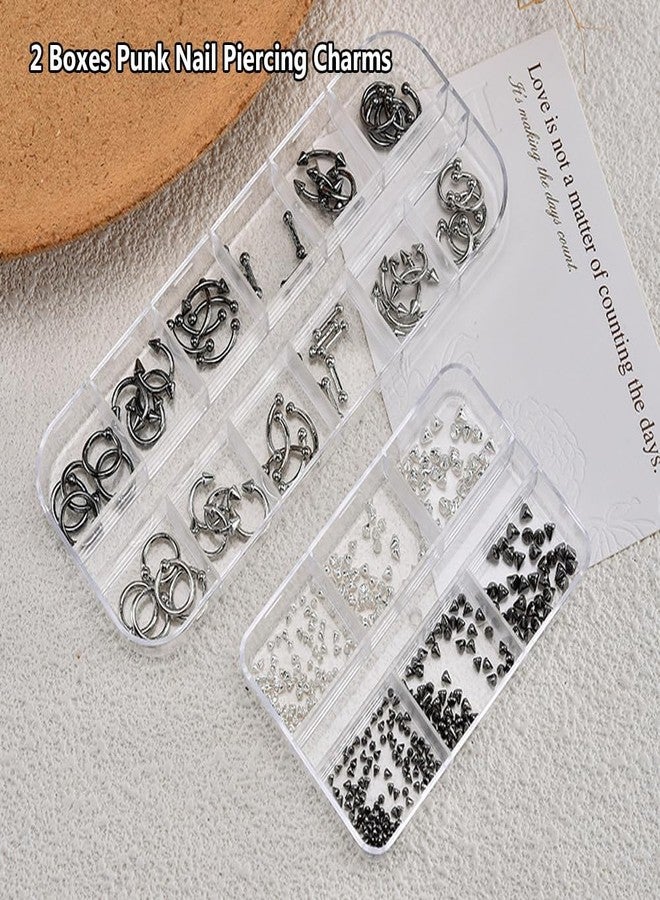 KACHIMOO Nail Piercing Charms,2 Boxes Metal Punk Goth Studs Silver Black Y2K Nail Charms with Piercing for Nail Art Decoration - Image 4